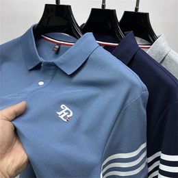 Hoogwaardige herenpolo shirt revers borduurstreep 100cotton t -shirt split zoom korte mouw Koreaanse casual golf zomer herenkleding 240418