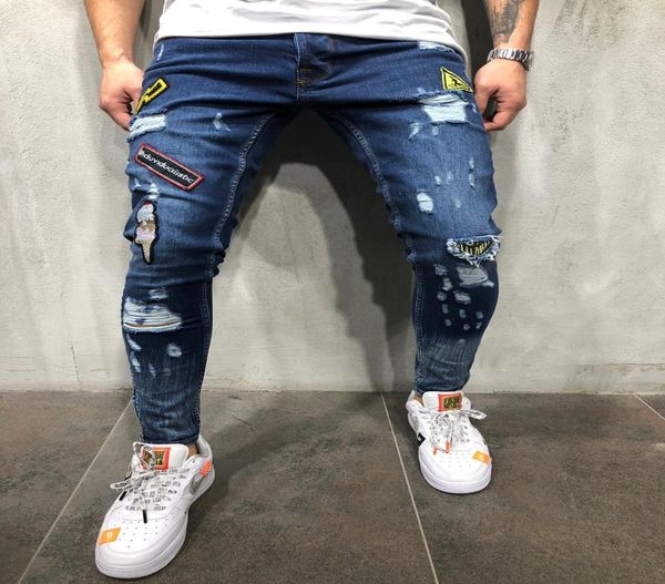 Pantalones vaqueros ajustados para hombre de alta calidad Rip Slim fit Stretch Denim Distress Frayed Biker Jeans Niños Patrones bordados Pantalones lápiz 6474654