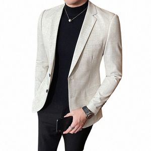 Haute qualité Mens Slim Fit Blazer Busin Casual Blazer Costume Veste Printemps Luxe Beige Club DJ Stage Clothers Terno Masculino s1fd #