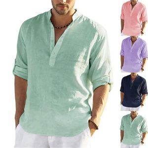 Haute qualité hommes printemps/été à manches longues coton lin chemise affaires décontracté ample T-shirt petit haut S-5XL 240326