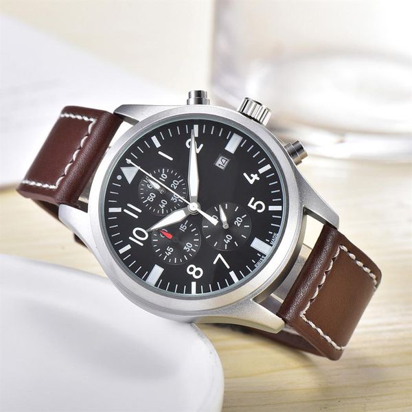 Montres pour hommes de haute qualité Quartz Mouvement pilote Regarder tous les cadrans travail chronomètre bracelet en cuir