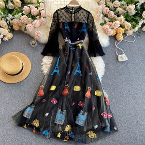 Hoge kwaliteit mesh borduurwerk dames casual jurken Koreaans modeontwerp A-lijn 2021 lente chic streetwear lang