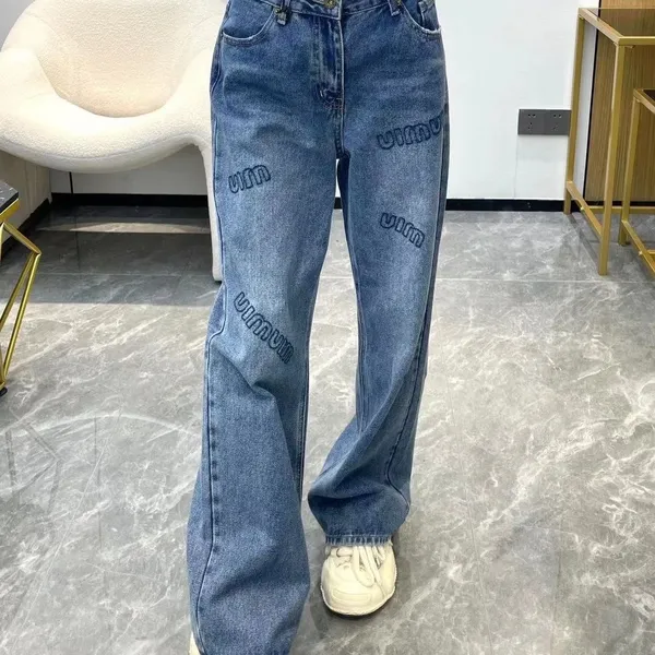 Jeans brodés Mi de haute qualité 2023 Nouveau pantalon à jambe large mode polyvalent haute taille mince pantalon