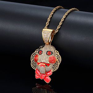 Hoge kwaliteit Micro volledige CZ kettingzaag Thriller masker koperen gieten gezicht hanger ketting hiphop hipster mannen vrouwen trendy punk rapper sieraden