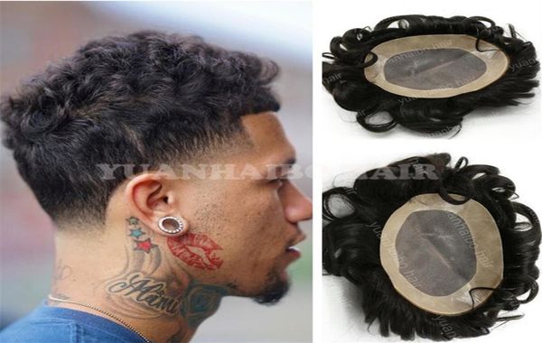 Tupé de cabello humano brasileño virgen de onda suelta negra natural de alta calidad para hombres con encaje con pu 7435019
