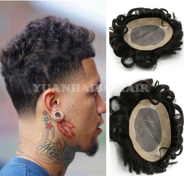 Tupé de cabello humano brasileño virgen de onda suelta negra natural de alta calidad para hombres con encaje con pu 5335519