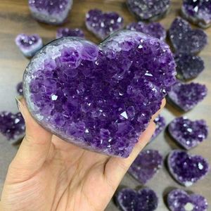 Haute qualité cristal naturel améthyste quartz géode coeur pierre violet grappe de pierres précieuses cristal artisanat pour trésor cadeaux272n
