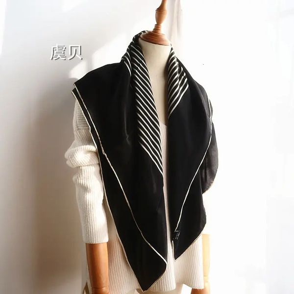 Écharpe en satin de soie naturelle de haute qualité femmes noir blanc rayé imprimé châle foulards grande taille carré bandana wrap cadeau pour dame 240314