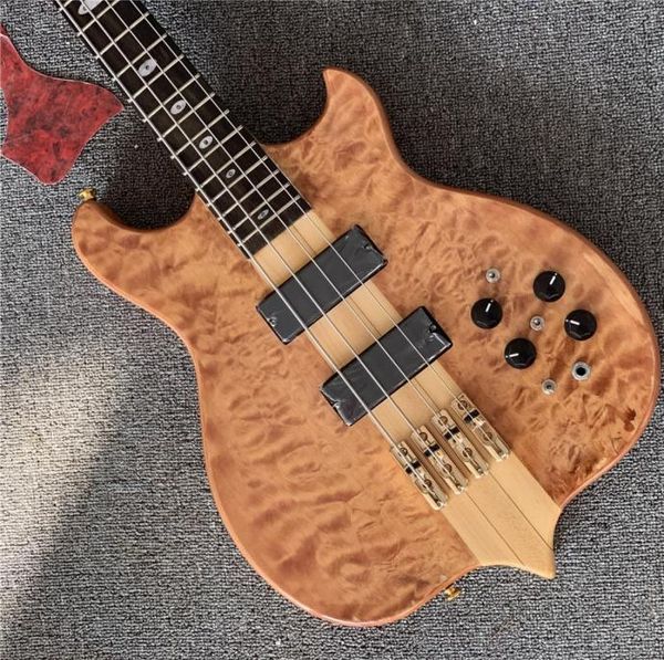 Guitare basse électrique à 4 cordes, couleur bois naturel de haute qualité, forme inhabituelle, avec placage en érable flammé, guitares NeckThruBody8630364