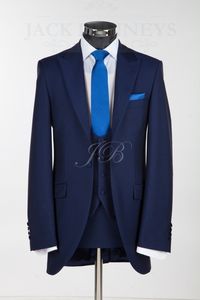 Hoge Kwaliteit Navy Blue Bruidegom Tuxedos Man Trouwpak Piek Revers One Button Mannen Business Diner Prom Blazer (Jas + Broek + Tie + Vest) NO: 109