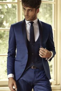 Hoge Kwaliteit Navy Blue Bruidegom Tuxedos Sjaal Revers One Button Mannen Bruiloft Pakken Heren Business Diner Prom Blazer (Jas + Broek + Tie + Vest) 1137