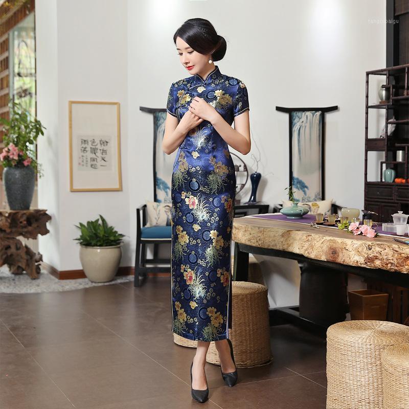 Yüksek Kaliteli Donanma Mavi Saten Cheongsam Vintage El Yapımı Düğme Bayan Qipao Kısa Kollu Yenilik Uzun Elbise S-3XL C0136-D