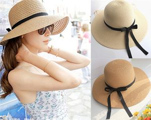 Floppy opvouwbare vrouwen stro strand zon zomer hoed beige brede rand 6pcs / lot