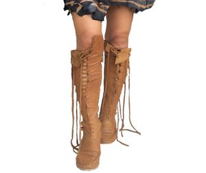 Nouvelles bottes en cuir PU de haute qualité pour femmes lacep sexy sur les bottes du genou avec lacets bronzés bottes de style mocassin Femme Big Taille X02578124