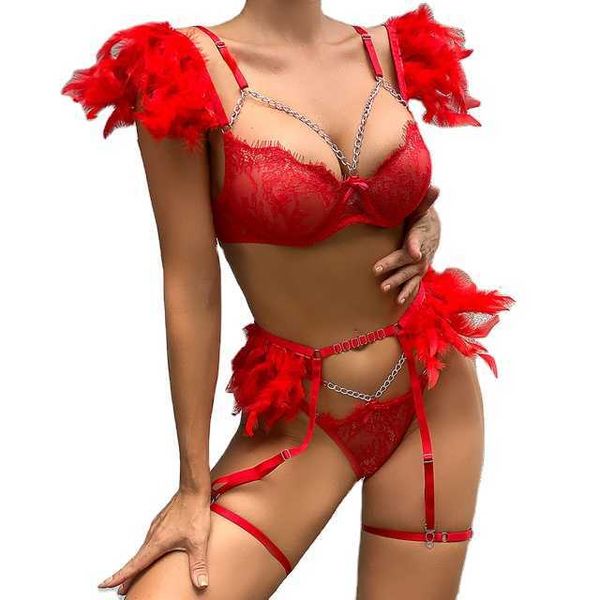 Haute qualité nouvelle saison conception spéciale femmes Sexy chaîne détaillée Tule rouge soutien-gorge culotte Bikini ensemble 2358 Oem