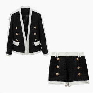 Hoogwaardige nieuwe stijlvolle herfst winterontwerperpak set dames kleurblok leeuwenknopen tweed blazer jas shorts set t200325