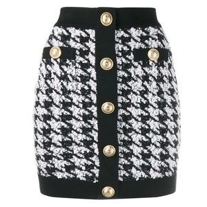 Hoge kwaliteit est designer rok dames leeuwknoppen glinsteren tweed houndstooth mini rok 210306