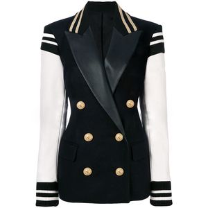 HAUTE QUALITÉ Date Mode Blazer Femmes En Cuir Patchwork Double Boutonnage Blazer Classique Varsity Veste