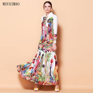 Haute qualité nouvelle mode piste col rabattu Maxi robe femmes à manches longues rétro Art imprimé Designer longue robe T5190617