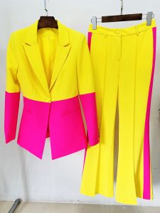 HOGE KWALITEIT Nieuwste Star Style Designer Runway Suit Set Dames Single Button Color Block Blazer Flare Broekpak