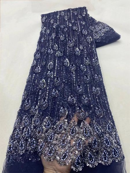 Tissu de dentelle de fête nigériane de haute qualité tissu de dentelle de perle lancée élégante Fabric de dentelle de perle bleu marine pour robe de luxe YA01-3 240422