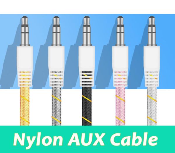 Câble AUX en nylon de haute qualité 35 mm Stéréo Auxiliaire Câble audio 1M Male à mâle pour mobile et tablettes Musique de voiture Play7015012