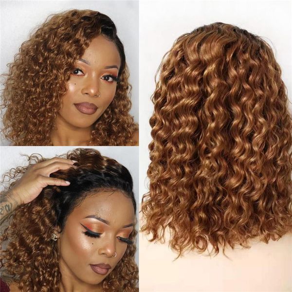 Perruque Bob Lace Wig naturelle ombrée, cheveux courts, ondulés, deux tons, 13x6, densité 150%, pour femmes noires