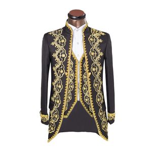 Hoge kwaliteit One Button Black Embroidery Bruidegom Tuxedos Stand Collar Mannen Past 3 Stuks Bruiloft Prom Blazer (Jack + Pants + Vest) W468