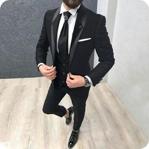 Hoge Kwaliteit One Button Black Wedding Mannen Past Sjaal Revers Drie Stuks Zakelijke Bruidegom Tuxedos (Jas + Broek + Vest + Tie) W1071