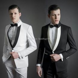 Hoge kwaliteit één knop zwart / wit bruidegom smoking stand kraag groomsmen heren past bruiloft / prom / diner blazer (jas + broek + tie) K354