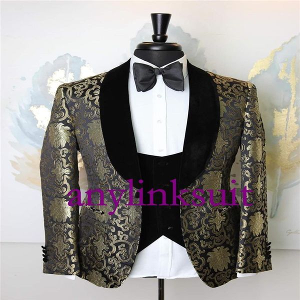 Haute Qualité Un Bouton Noir Avec Motif Or Smokings De Marié Châle Revers De Mariage De Bal Dîner Garçons D'honneur Hommes Costumes Blazer Veste P282M