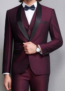 Hoge Kwaliteit One Button Bourgondië Bruiloft Bruidegom Tuxedos Sjaal Revers GroomsMen Mannen Formele Prom Suits (jas + Broek + Vest + Tie) W183