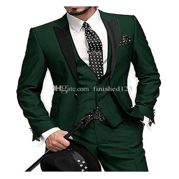 Haute Qualité Un Bouton Vert Foncé De Mariage Marié Tuxedos Peak Revers Garçons D'honneur Hommes Formelle Costumes De Bal Veste Pantalon Gilet Cravate W193294H