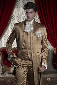 Hoge kwaliteit One Button Borduurwerk Bruidegom Tuxedos Stand Collar Mannen Past 3 Stuks Bruiloft Prom Blazer (jas + Pants + Vest) W475