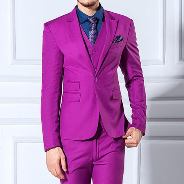 Haute qualité un bouton Fuchsia marié Tuxedos pic revers hommes costumes mariage/bal/dîner meilleur homme Blazer (veste + pantalon + gilet + cravate) W391