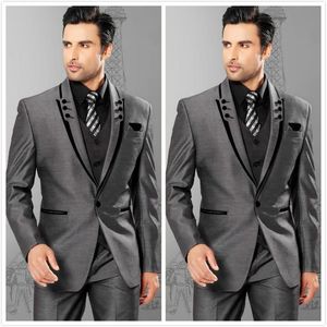 Hoge Kwaliteit One Button Gray Groom Tuxedos Peak Revers GroomsMen Mens Trouwjurken Prom Pakken (jas + Broek + Vest + Tie) H431