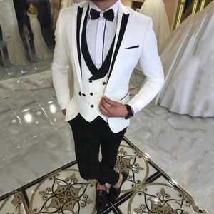 Hoge Kwaliteit One Button Ivory Wedding Men Suits Peak Revers Drie Stuks Business Groom Tuxedos (Jas + Broek + Vest + Tie) W1068