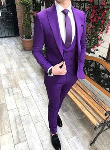 Hoge kwaliteit één knop paars bruidegom smoking piek revers groomsmen heren past bruiloft / prom / diner blazer (jas + broek + vest + tie) K522