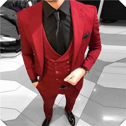 Hoge Kwaliteit One Button Red Groom Tuxedos Notch Revers Bruiloft / Prom / Diner Groomsmen Mannen Past Blazer (jas + Broek + Vest + Tie) W1355