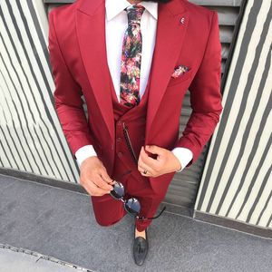 Haute qualité un bouton rouge marié Tuxedos pic revers hommes costumes mariage/bal/dîner meilleur homme Blazer (veste + pantalon + gilet + cravate) W422