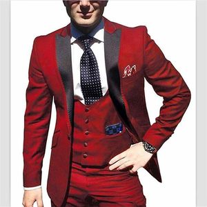 Tuxedos de marié rouge à un bouton de haute qualité, costumes à revers pour hommes, Blazer de bal (veste + pantalon + gilet + cravate) W96