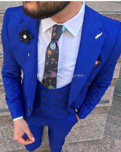 Hoge Kwaliteit One Button Royal Blue Groom Tuxedos Notch Revers Groomsmen Mens Past Bruiloft / Prom / Diner Blazer (jas + Broek + Vest + Tie) K139