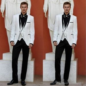 Haute Qualité Un Bouton Blanc Marié Tuxedos Notch Lapel Groomsmen Hommes Costumes Mariage / Bal / Dîner Blazer (Veste + Pantalon + Gilet + Cravate) K145