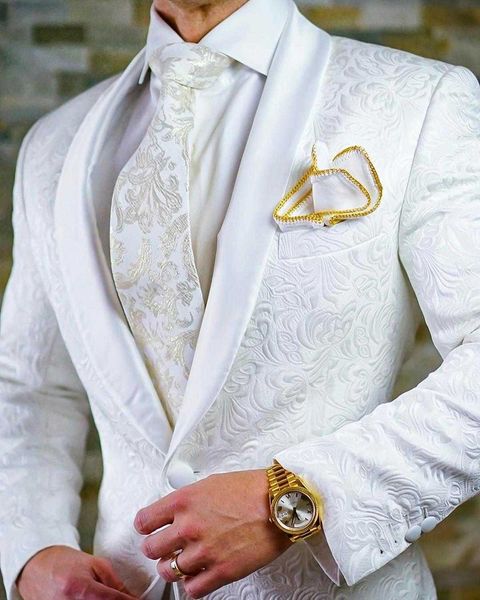 Haute qualité un bouton blanc Paisley marié Tuxedos châle revers garçons d'honneur hommes costumes Blazers (veste + pantalon + cravate) 006 X0909