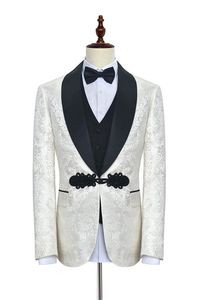 Haute qualité un bouton motif blanc smokings marié châle revers mariage/bal/dîner garçons d'honneur hommes costumes blazer (veste + pantalon + gilet + cravate) W1380