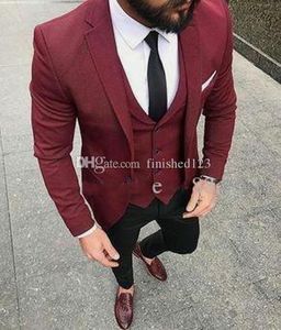 Hoge Kwaliteit One Button Wine Wedding Mannen Past Notch Revers Drie Stuks Zakelijke Bruidegom Tuxedos (Jas + Broek + Vest + Tie) W1089