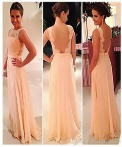 Hoogwaardige open rug 2019 Chiffon Lace Backless Long Peach Color Bridesmaid Dress Party Dress Prom Big korting8851348