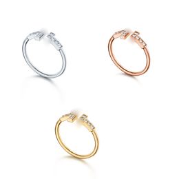 All de alta calidad Open Double T Ring Luxury Diamond Jewelry Women Diamond Shell Love Wedding Rose Golden Classic