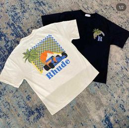 Hoogwaardige originele Rhuder Designer T Shirts Summer Coconut Tree Racing High Street Leisure Versatiele losse ronde nek paar korte mouw met 1: 1 logo