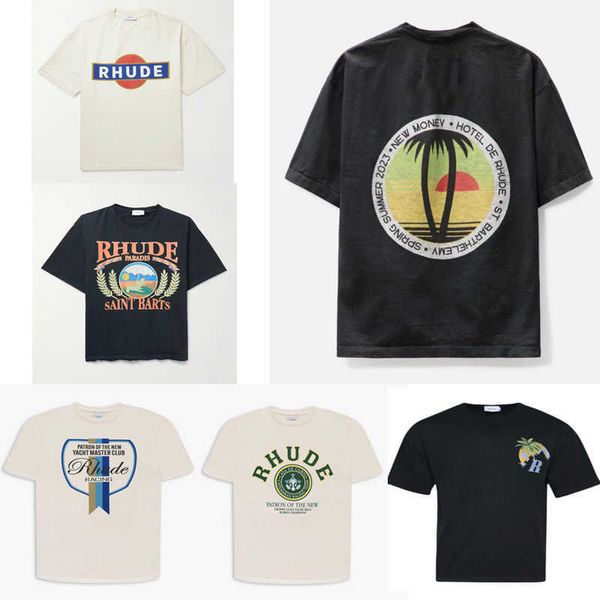 Camisetas de diseñador rhuder originales de alta calidad 2023 Summer Nuevo árbol de coco Sunset estampado Vintage antiguo antiguo masculino para hombres con manga corta con 1: 1 logotipo